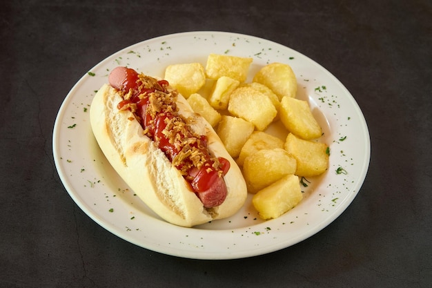 Teller mit Hot Dog und Pommes