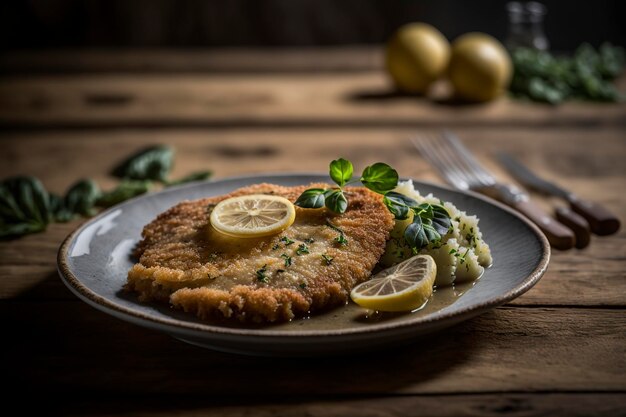 Teller mit Hühnerschnitzel auf Holzhintergrund