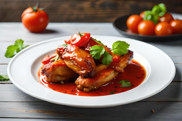 Teller mit Huhn und Tomaten auf einem Holztisch