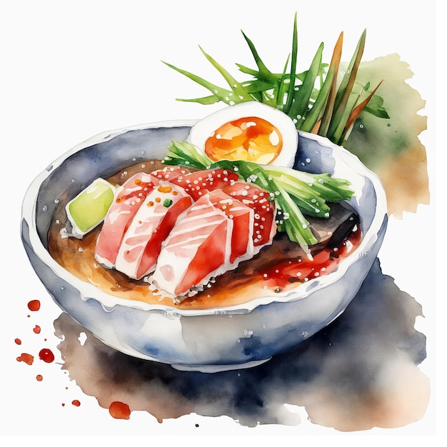 Teller mit japanischem Ramengericht. Aquarell handgemalte isolierte Illustration auf weißem Hintergrund