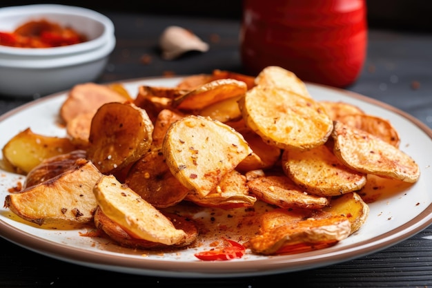 Teller mit knusprigen, salzigen Kartoffelchips mit würziger Würze, hergestellt mit generativer KI