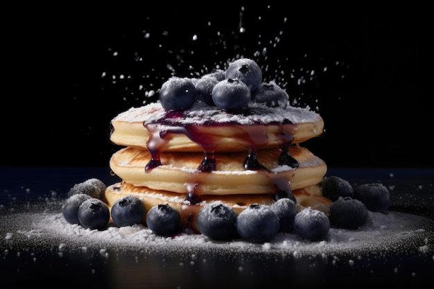 Teller mit köstlichen Pfannkuchen mit frischen Blaubeeren und Marmelade auf schwarzem Hintergrund Generative KI-Illustration