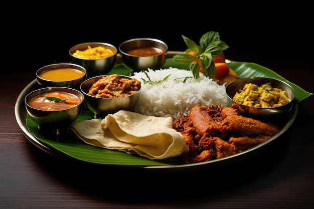 Teller mit köstlichen Speisen auf einem Holztisch, frisch, appetitlich und bereit zum Genießen. Authentisches indisches Thali, serviert auf einem von der KI generierten Bananenblatt