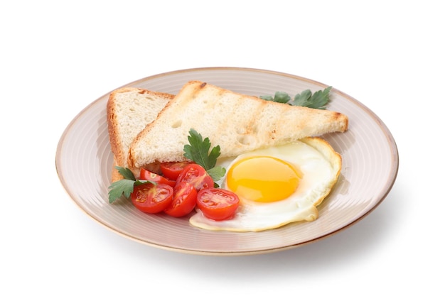 Teller mit leckerem Frühstück isoliert auf weißem Hintergrund