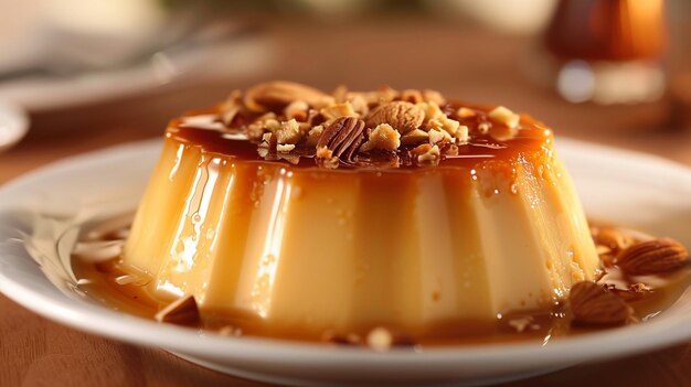 Foto teller mit leckerem karamellpudding auf dem tisch nahaufnahme köstliches dessert