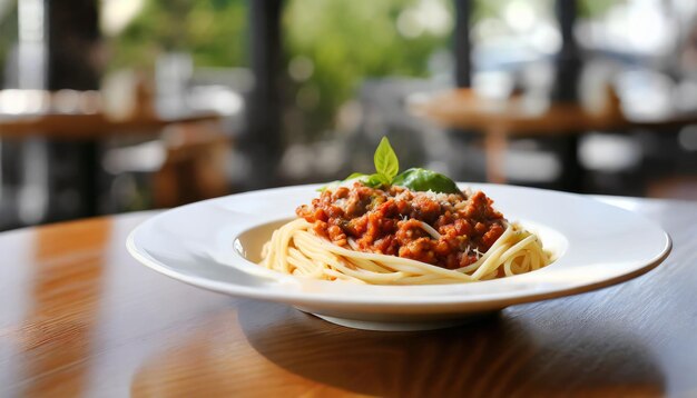 Teller mit leckerem Spaghetti Bolognese Traditionelles italienisches Gericht Holztisch köstliches Essen