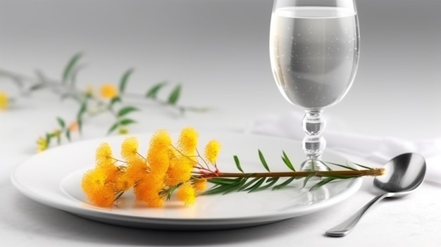 Teller mit Mimosenblüten und Glas Wasser auf grauem Hintergrundgenerative ai