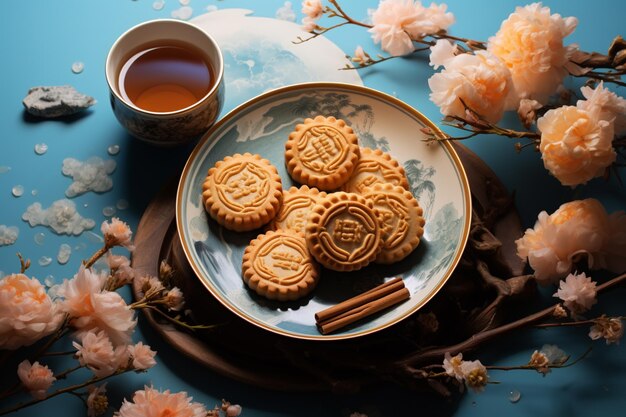 Teller mit Mondkuchen und einer Tasse Tee auf blauem Hintergrund