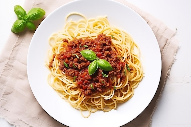 Teller mit Pasta Bolognese auf einer weißen Holztischplatte, ergänzt durch eine beigefarbene Textil Serviette