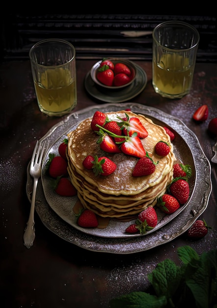 Foto teller mit pfannkuchen mit erdbeeren auf dem teller