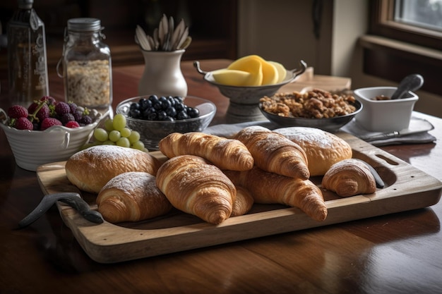 Teller mit rustikalem Brot und Gebäck, bereit zum Frühstück oder Brunch, hergestellt mit generativer KI