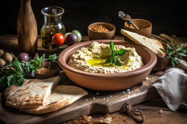 Teller mit rustikaler Holzschale, gefüllt mit hausgemachtem Hummus und Fladenbrot, hergestellt mit generativer KI