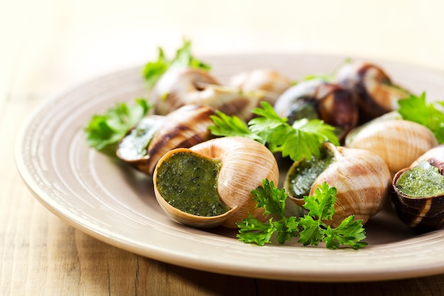 Teller mit Schnecken auf Holztisch