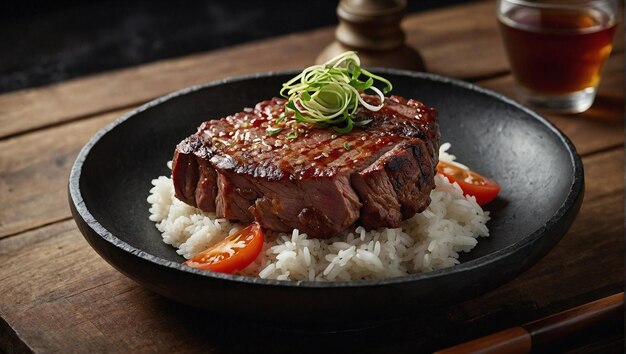 Foto teller mit steak und reis auf einem holztisch