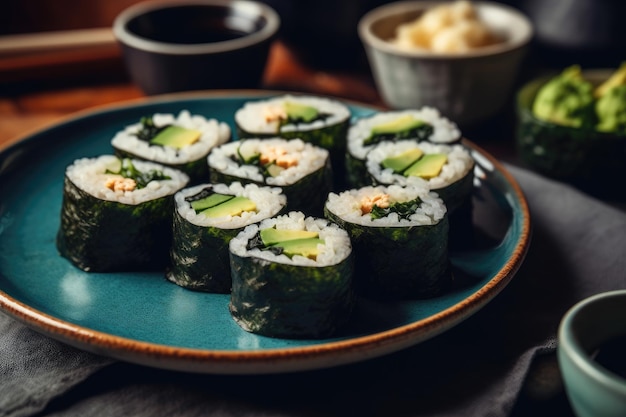 Teller mit Sushi-Rollen mit generativer Wasabi-KI