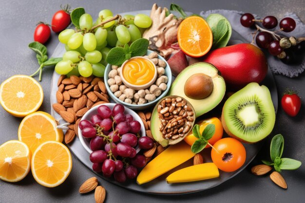 Teller mit verschiedenen Obst-, Gemüse- und Nüssen für maximale Immunität, hergestellt mit generativer KI