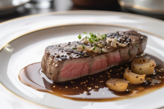 Foto teller mit wagyu-steak, garniert mit foie gras und trüffelsauce