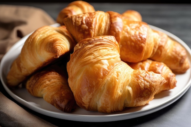 Teller mit warmen, flauschigen Croissants, beträufelt mit süßem Gebäck, kreiert mit generativer KI