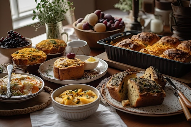 Teller mit warmen und herzhaften Backwaren, perfekt zum Brunch oder Abendessen, zubereitet mit generativer KI