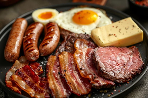 Foto teller voller fleisch, speck, steak, eier, würstchen, butter und käse generative ki