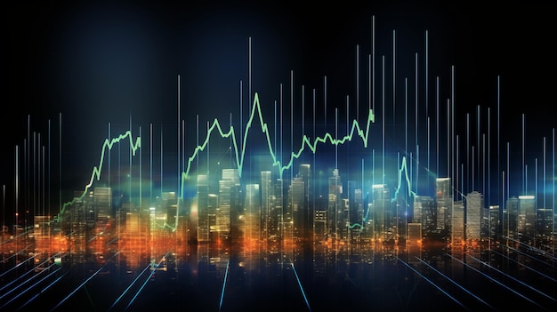 Telón de fondo abstracto panorámico con gráficos del mercado de valores generativo de IA