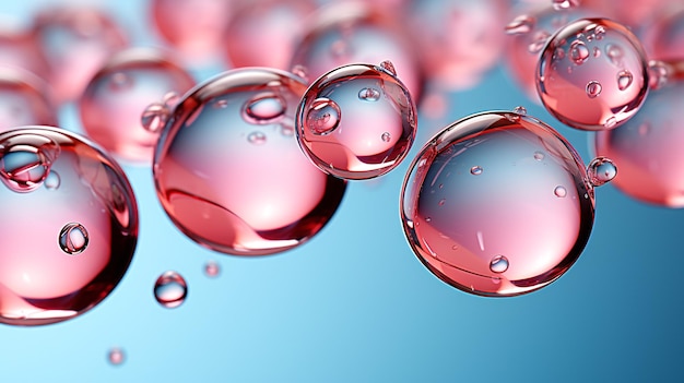 Foto telón de fondo de agua y burbujas gelo sérico sobre fondo rosado textura sérica de gel transparente cosmético concepto de cosmetología publicitaria