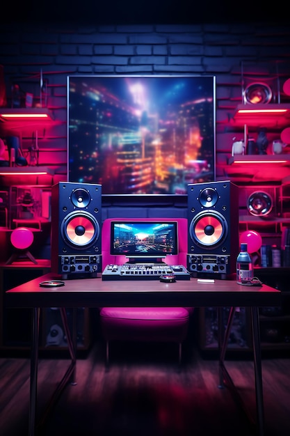 Telón de fondo de los amantes de la música Gaming Haven Tema de colores vibrantes Registro de vinilo W para el creador de contenido Stream