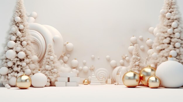 Foto telón de fondo con árboles de navidad blancos y bolas de oro