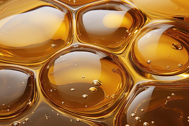 Un telón de fondo beige con un vívido suero de aceite de oro o miel. Las burbujas de colágeno se utilizan para crear una réplica de un aceite de cocina o cosmético flotando en una piscina de agua amarilla.