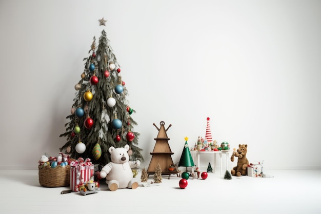 Un telón de fondo blanco con un árbol de Navidad y juguetes.