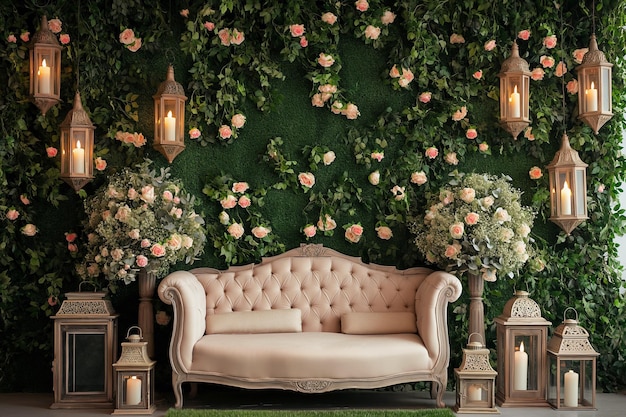 Telón de fondo de boda de pared de hierba con elegante sofá clásico flores velas y linternas lujo decorado zona de fotos de boda en flor fiesta decoraciones interiores festivas para fotos de boda románticas