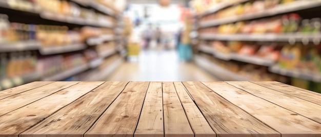 Foto el telón de fondo borroso del supermercado enmarca una mesa de madera vacía en un estante
