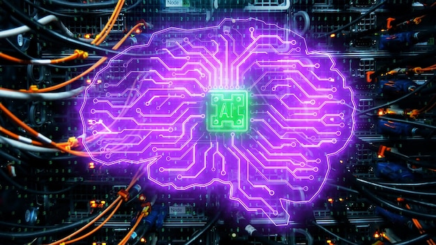 Telón de fondo del cerebro del circuito de neón abstracto Inteligencia artificial y concepto futuro Renderización en 3D
