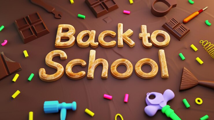 Foto telón de fondo de chocolate con texto de vuelta a la escuela en 3d con herramientas coloridas