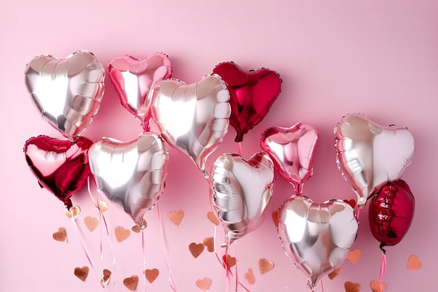 Foto telón de fondo de color rosa claro con globos en forma de corazón de aluminio