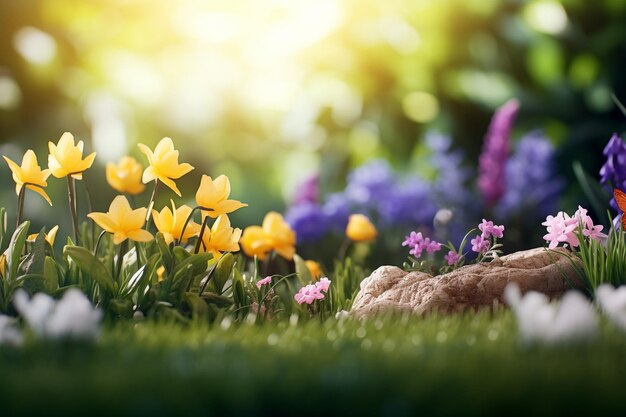 Telón de fondo colorido con flores de primavera y hierba