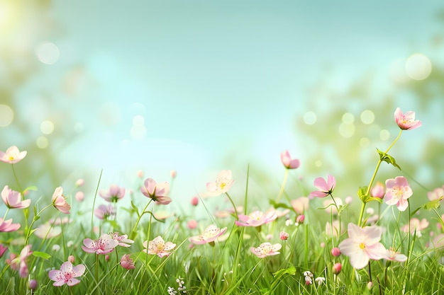 Telón de fondo colorido con flores de primavera y hierba