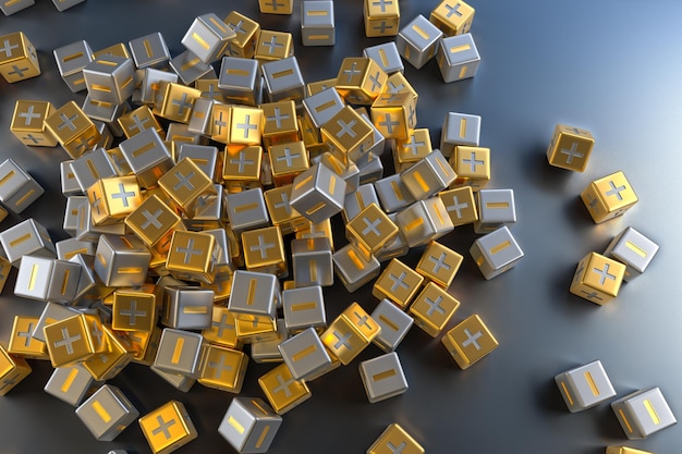Telón de fondo de cubos de metal con símbolos más y menos. representación 3d