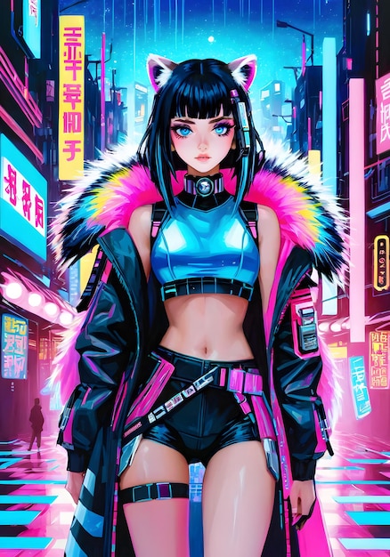 telón de fondo cyberpunk con luces rosas y azules GIRL