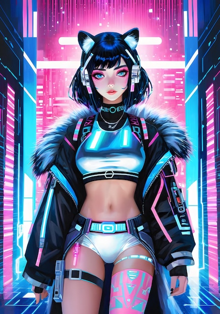 telón de fondo cyberpunk con luces rosas y azules GIRL