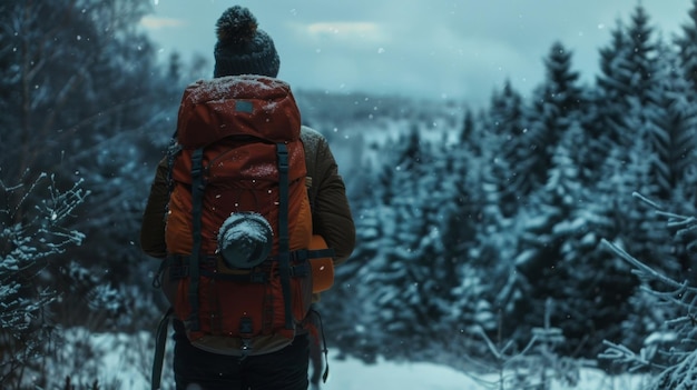 En un telón de fondo de densos bosques cubiertos de nieve una figura vestida con equipo de senderismo y una mochila mira