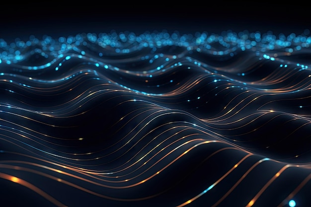 Este telón de fondo digital abstracto presenta un patrón futurista de puntos y líneas que se cruzan, que se asemejan a ondas. Muestra la esencia de la tecnología digital y se crea utilizando técnicas de renderizado 3D.