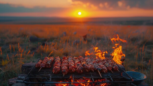 Foto el telón de fondo de la estepa de la barbacoa mongola es una puesta de sol rústica al aire libre fotorealista en hd