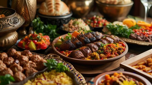 Foto el telón de fondo de la fiesta de iftar con cocina árabe tradicional