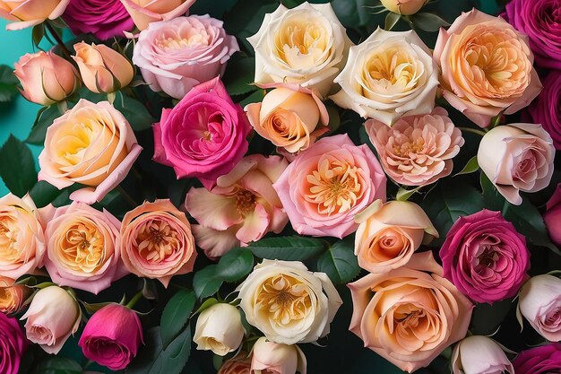 El telón de fondo de la flor de la boda el fondo colorido la rosa fresca el racimo de flores