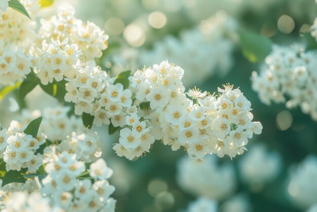 telón de fondo floral natural con flores blancas de ramas de espiraea en flor en el jardín al aire libre