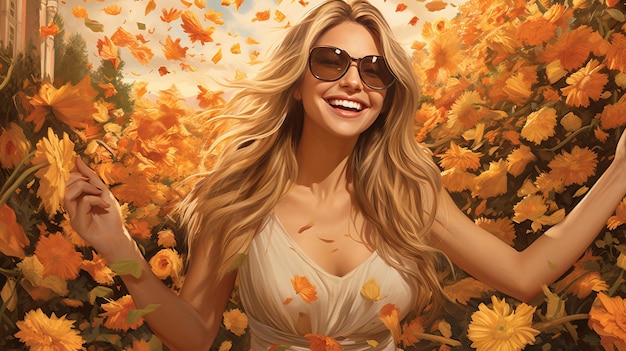 Un telón de fondo floral vibrante Una mujer rubia alegre con elegantes gafas de sol irradia felicidad