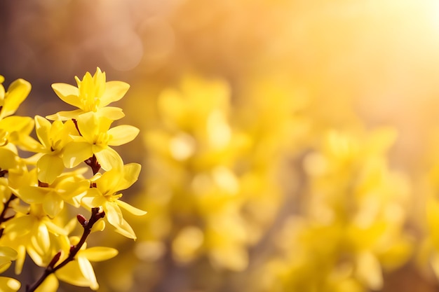 Un telón de fondo de flores amarillas bañadas por la luz del sol primaveral