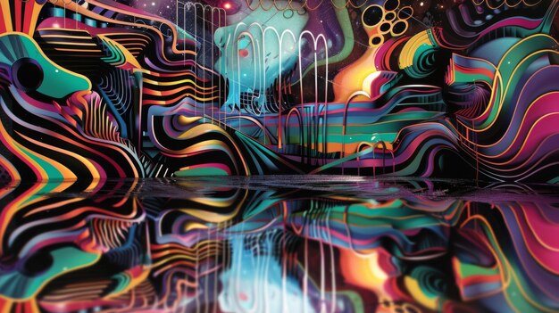 Un telón de fondo funky y psicodélico con una mezcla de colores vibrantes y formas abstractas inspiradas