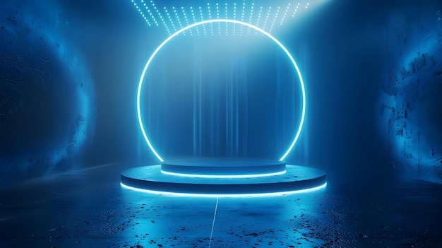 Telón de fondo futurista con podio circular y iluminación luminosa